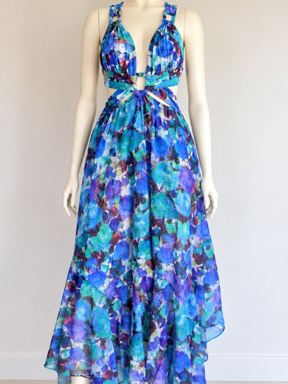 Purple & Teal Cutout Flowy High-Low Dress